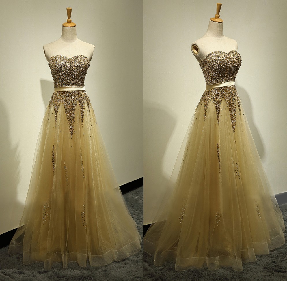 Floor Length Handmade Beaded Gold Prom Dress on Luulla