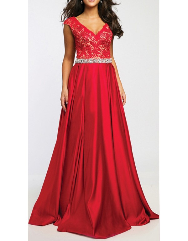 Formal V Neckline Red Prom Dressesa Line Red Lace Party Dressv Back Evening Dresssexy V Neck