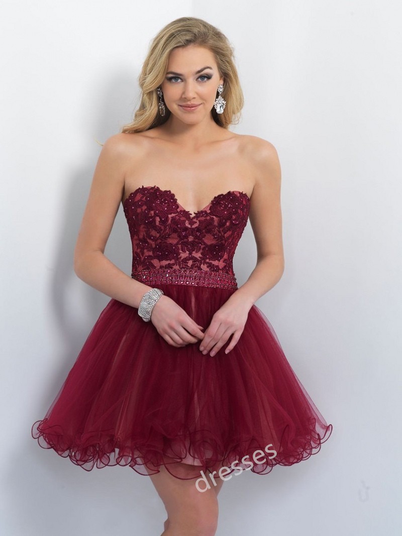 Mini Burgundy Tulle Cocktail Dresssweetheart Lace Homecoming Dress 1307