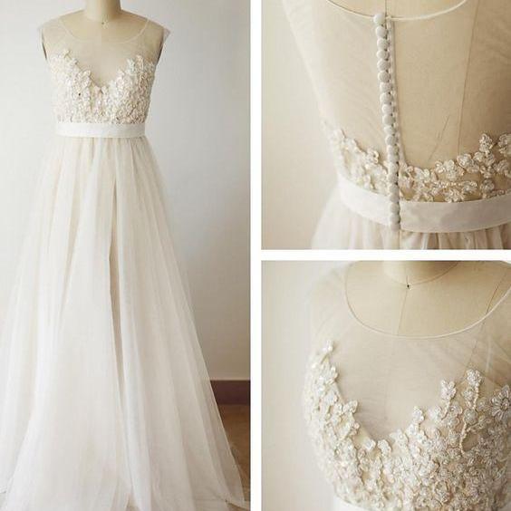 Illusion Open Back Lace Wedding Dress,Vintage Lace Wedding Dress
